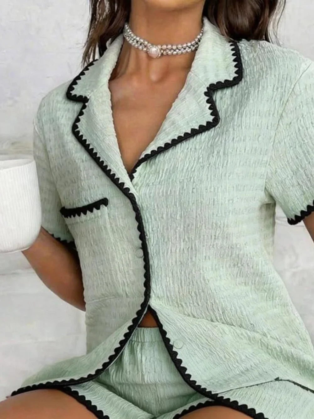 Textured Sage Green Ric-Rac Trim Short Pajama Set Medium
